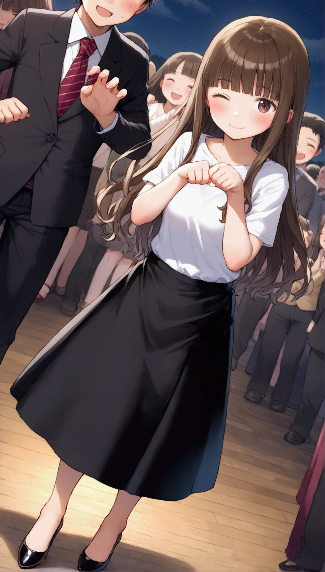 {Highest quality}, {so beautiful},{Ultra-fine},{Best illustrations},Brown Hair,Hime cut,Long Hair,Braiding,One Woman,Standing woman,Adult female,smile,Ecstasy face,Wink,OL,suit,White Shirt,Short sleeve,Black straight long skirt,Night Festival,blush,thin,Black stiletto heels,From an angle,Woman with legs closed,Put your hands out in front of you,Cat Pose,Cat pose