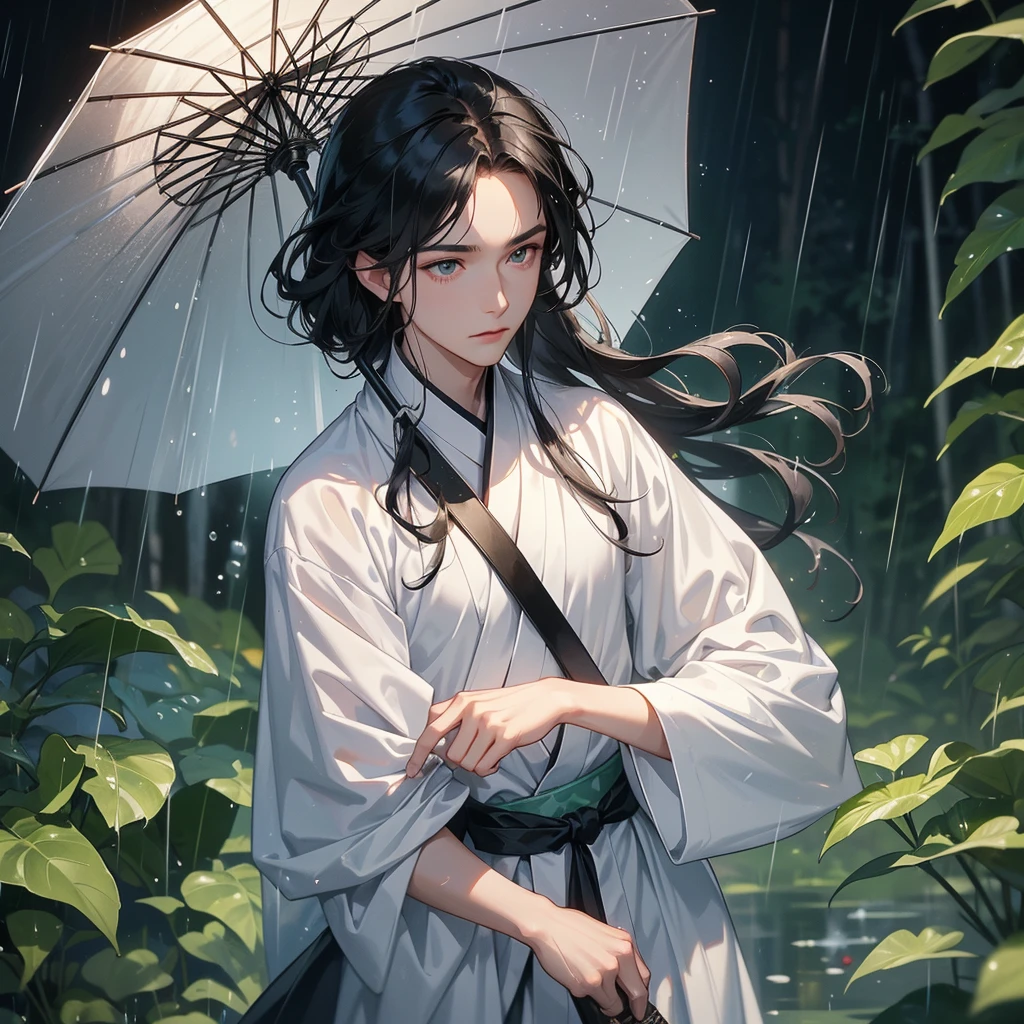 A Handsome black-hair male holding a large sword in white hanfu dress, close up.

Stand holding an umbrella to protect from the rain. Rain fell and splashed around. There are water droplets falling on the leaves in the surrounding area, green and moist, the atmosphere after rain.