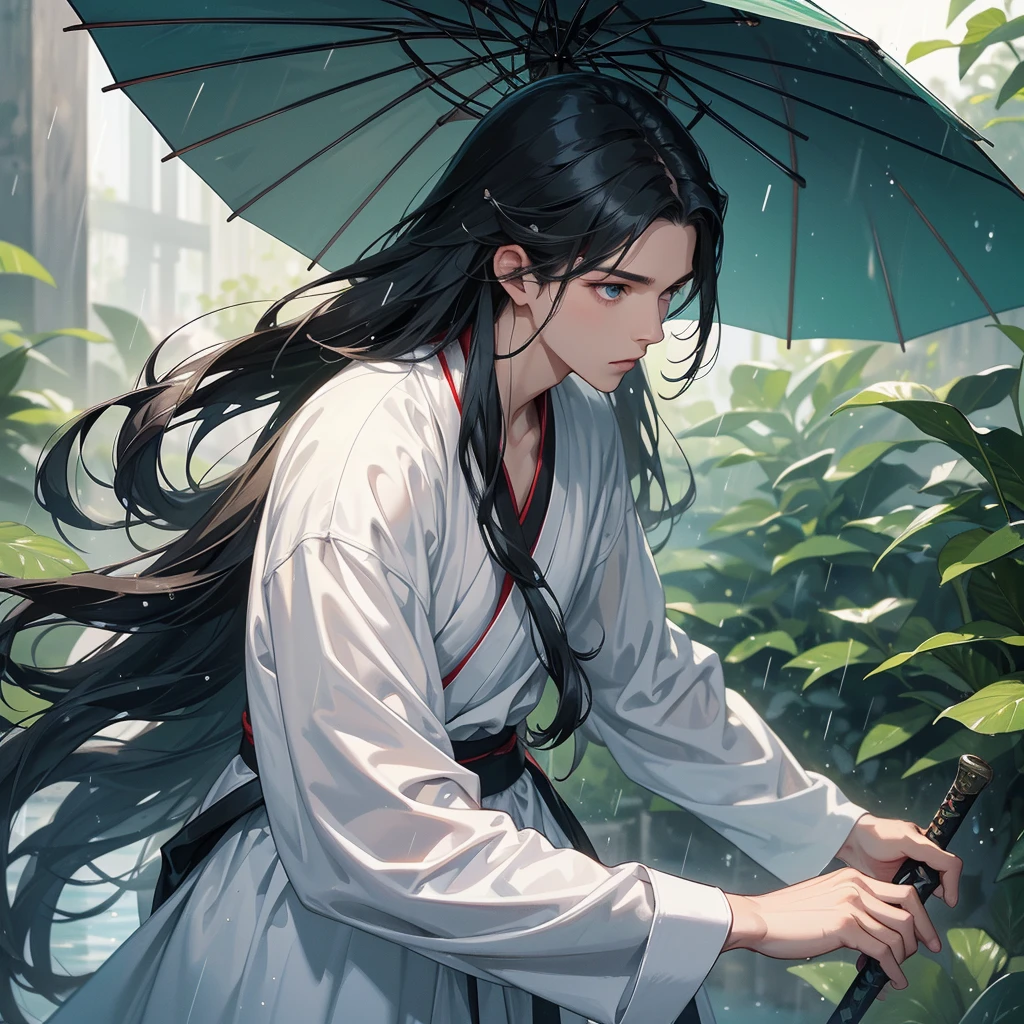 A Handsome black-hair male holding a large sword in white hanfu dress, close up.
Stand holding an umbrella to protect from the rain. Rain fell and splashed around. There are water droplets falling on the leaves in the surrounding area, green and moist, the atmosphere after rain.