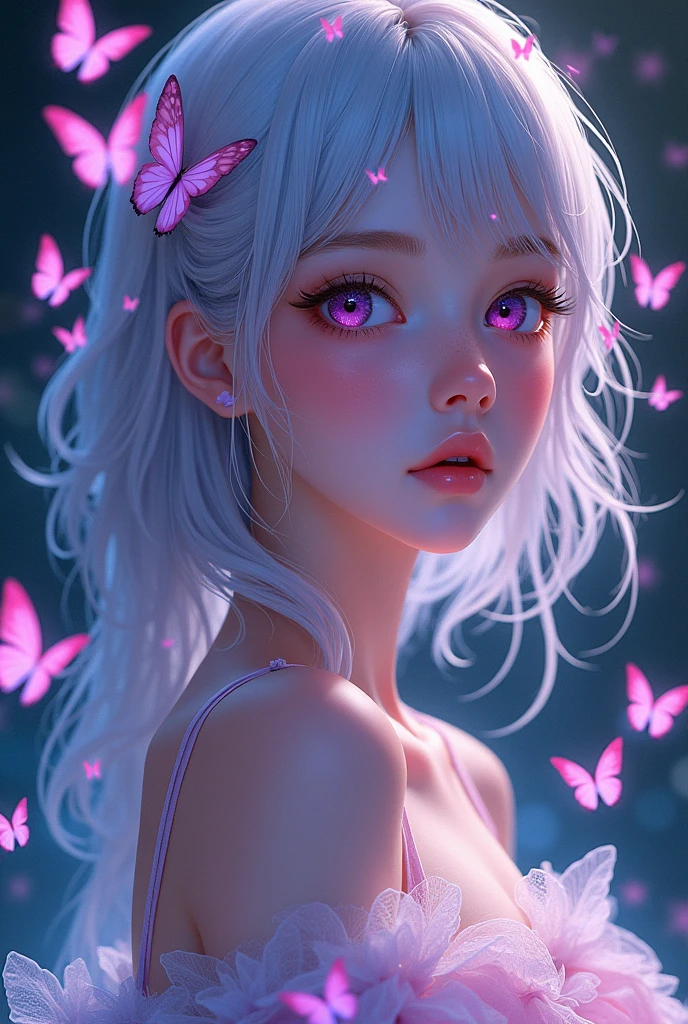 beautiful anime girl with neon butterflies , beautiful, stunning, ultra HD,, ultra hd ,