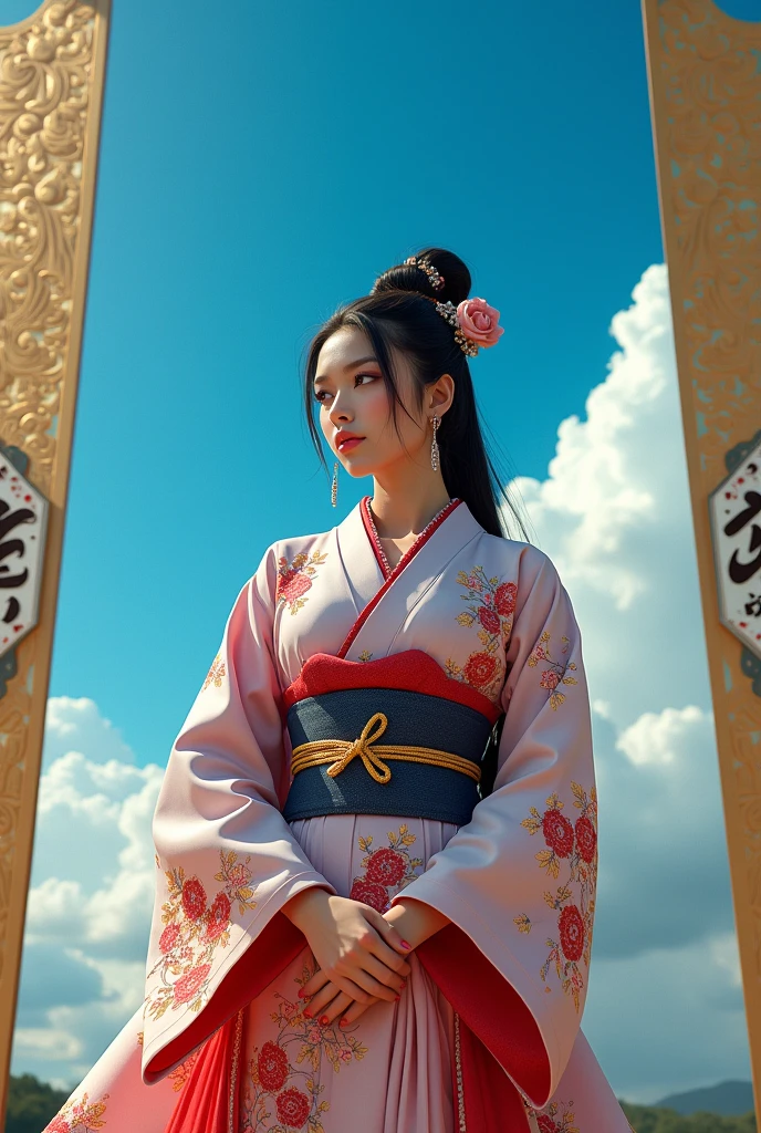 Female Ninja、Beautiful and gorgeous kimono、blue sky、Wide sky、The background is a gorgeous traditional Japanese gold folding screen