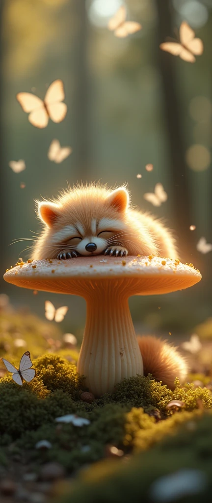 A mesmerizing 3D photograph that captures a magical moment in a mystical forest. In the foreground, a fluffy baby raccoon, with its honey-colored translucent gelatin body, sleeps peacefully on a mushroom cap. The raccoon emits a soft glow, adding to the dreamlike atmosphere. The intricate details and delicate textures around the raccoon and the forest create an enchanting scene. White butterflies flutter gracefully around, enhancing the serene ambiance. The 8K, Disney-style artwork masterfully captures the essence of tranquility and relaxation, transporting the viewer into a fantastical world.