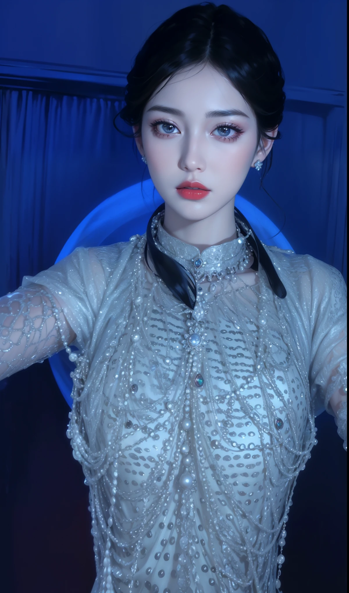 Very detailed, Delicate face, Realistic style, Stock Photography , rich and colorful, Surrealism, Realistic textures, Dramatic Lighting, Distiller 800 (8K, original photo, Better quality, masterpiece: 1.2), Very detailed, (Extremely delicate skin: 1.2), 8K Ultra HD, SLR camera, Soft Light, high quality, 冰冻Queen,Snow Castle,Blue pupils,Apply red lipstick,Queen,Gorgeous clothing, Gold Jewelry,Printed lace,Silk dress,Pearls, diamonds, and gems,Moon Goddess,Silver Diamond Armor,