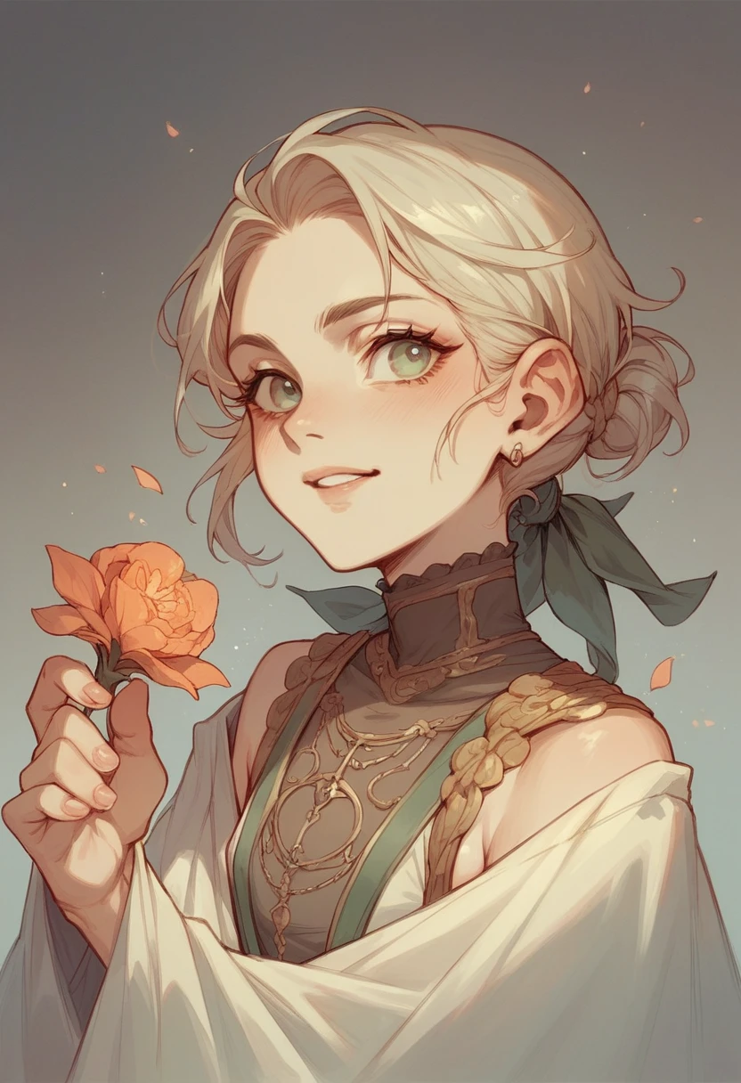 young man, twink, (((male))), (((man))), (((one person))), single, solo, (((very light blonde hair))), (((pink colored eyes))), (medium short hair), (chin-length hair), wavy hair, slim body, ((flat chest)), (((fantasy style))), (((wearing flowers in his hair))), flowercrown, ((pointy ears)), (((light pink colored eyes))), smooth skin, (((wearing fantasy clothes))), smiling, (eating a strawberry)
