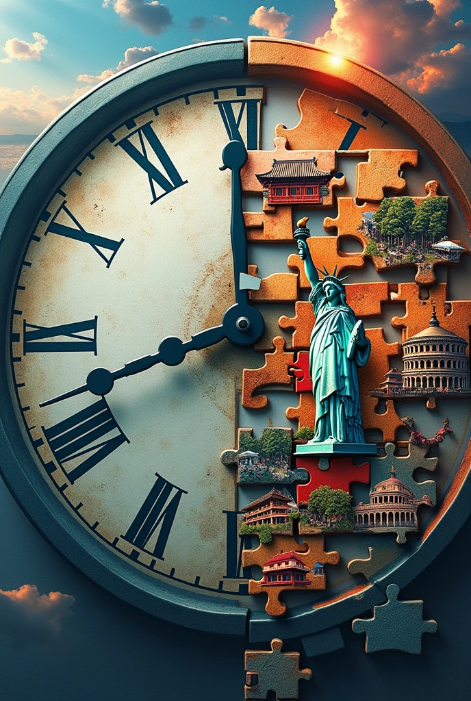 The initial puzzle shows a united world, with pieces that fit together perfectly to form a complete and colorful image. However, Over time, some pieces begin to separate, leaving gaps and creating divisions. Between the separate pieces, trade walls or barriers are erected, symbolizing the borders and obstacles that prevent union and cooperation.

Each puzzle piece has a symbol representing a country or region., like the Statue of Liberty for the United States, The Eiffel Tower for France, The Roman Colosseum for Italy, or the Kiyomizu-dera Temple for Japan. These symbols highlight the cultural richness and diversity of the world..

In the background, A giant clock marks the time, reminding us of the urgency of change and the need to reunite the pieces of the puzzle. The clock can symbolize time that is being wasted due to divisions and conflicts., or the countdown to finding solutions and restoring unity.