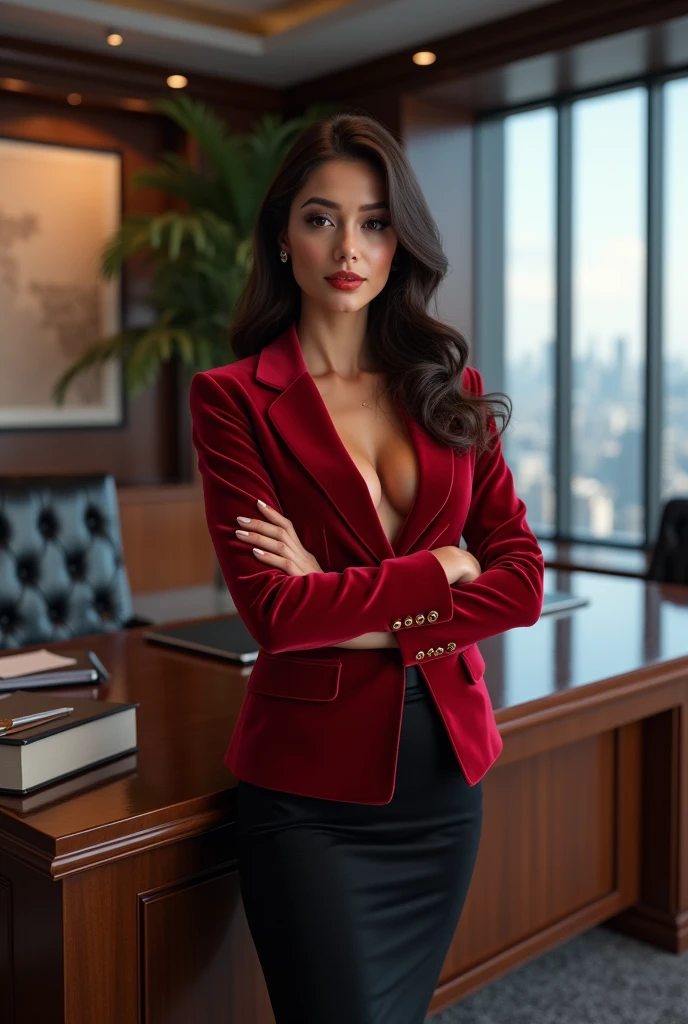 (best quality,4k,8k,highres,masterpiece:1.2),ultra-detailed,(realistic,photorealistic,photo-realistic:1.37),female CEO,red velvet blazer,short fit black pencil skirt,confident gaze,seductive smile,luxurious office,modern interior design,elegant hairstyle,well-manicured nails,high heels,immaculate makeup,expensive accessories,dominant posture,natural sunlight,city skyline view,powerful aura,vibrant red colors,sleek architecture,sharp focus on details,professional ambiance,successful businesswoman,sophisticated elegance,commanding presence,crafted wooden desk,leather chair,impressive artwork hanging on the wall,impeccable fashion sense,meticulously arranged files,steel and glass structure,reflection on glossy surfaces,gleaming silver accents,subtle shadow play,graceful movements,confidently walking,aura of mystery,empowered woman,limitless potential,breathtaking confidence,inspiring success,worldly achievement,unyielding determination,luxury lifestyle,entrepreneurial spirit,extraordinary vision
