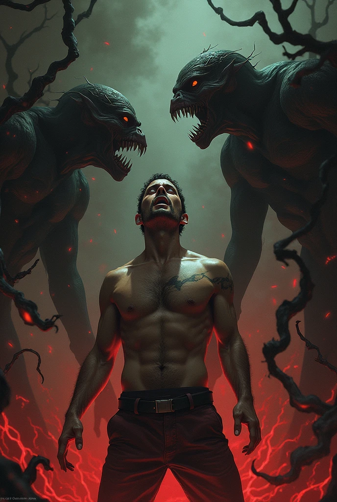 Man waking up desperate in hell with monsters around him