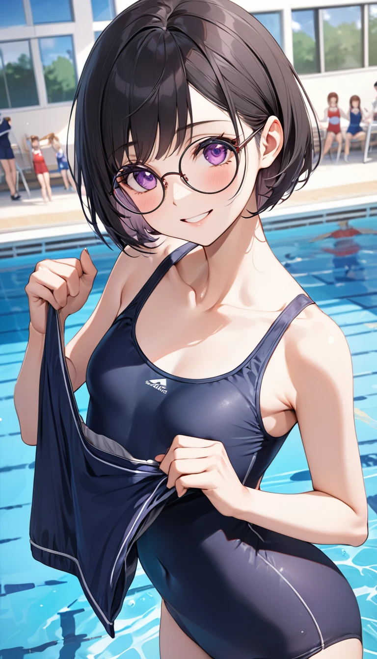 Highest quality、Best image quality、masterpiece、独奏, a girl、Beautiful Eyes、black hair, purple eyes、Short bob cut、(sideburns), middle part, (flat chest)、slender、Tight waist、Round Glasses、Beautiful Face、Natural smile、red cheek、Cute pose、(undressing school swimsuit:1.5), At the school pool、dynamic angle