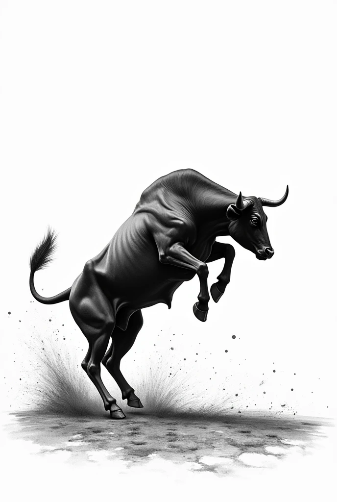 Black and white drawing of a lone rodeo bull jumping