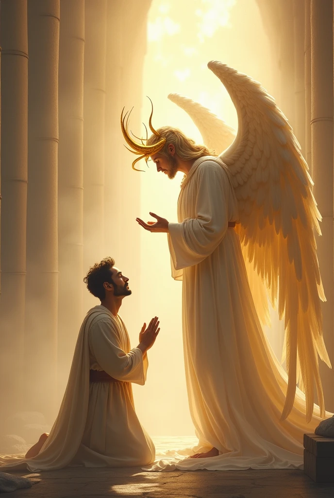 A man kneeling in front of an angel with a horn 
