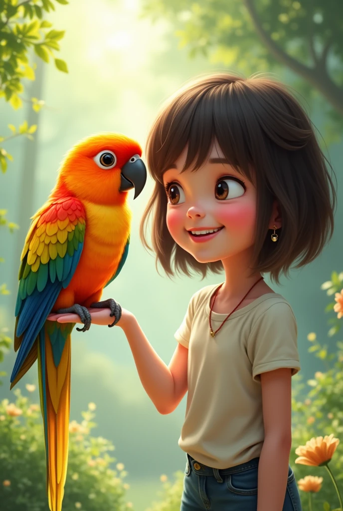 Sun Conure and a girl with shoulder-length hair