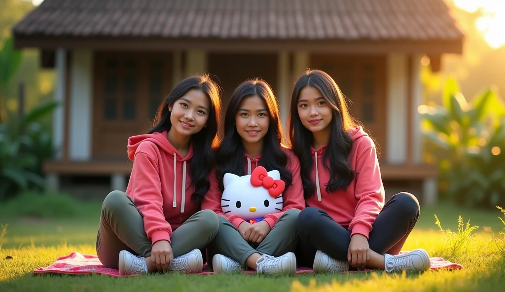 3 beautiful Indonesian adult women with slightly fat bodies, loose hair, big nose, wear a hoodie, long pants, wear sneakers, sit down, all faces facing the front camera, sit down, hand holding a hello kitty doll, in front of the village house, beautiful afternoon atmosphere, ultra details, minim diffect, realistic, 8k quality image