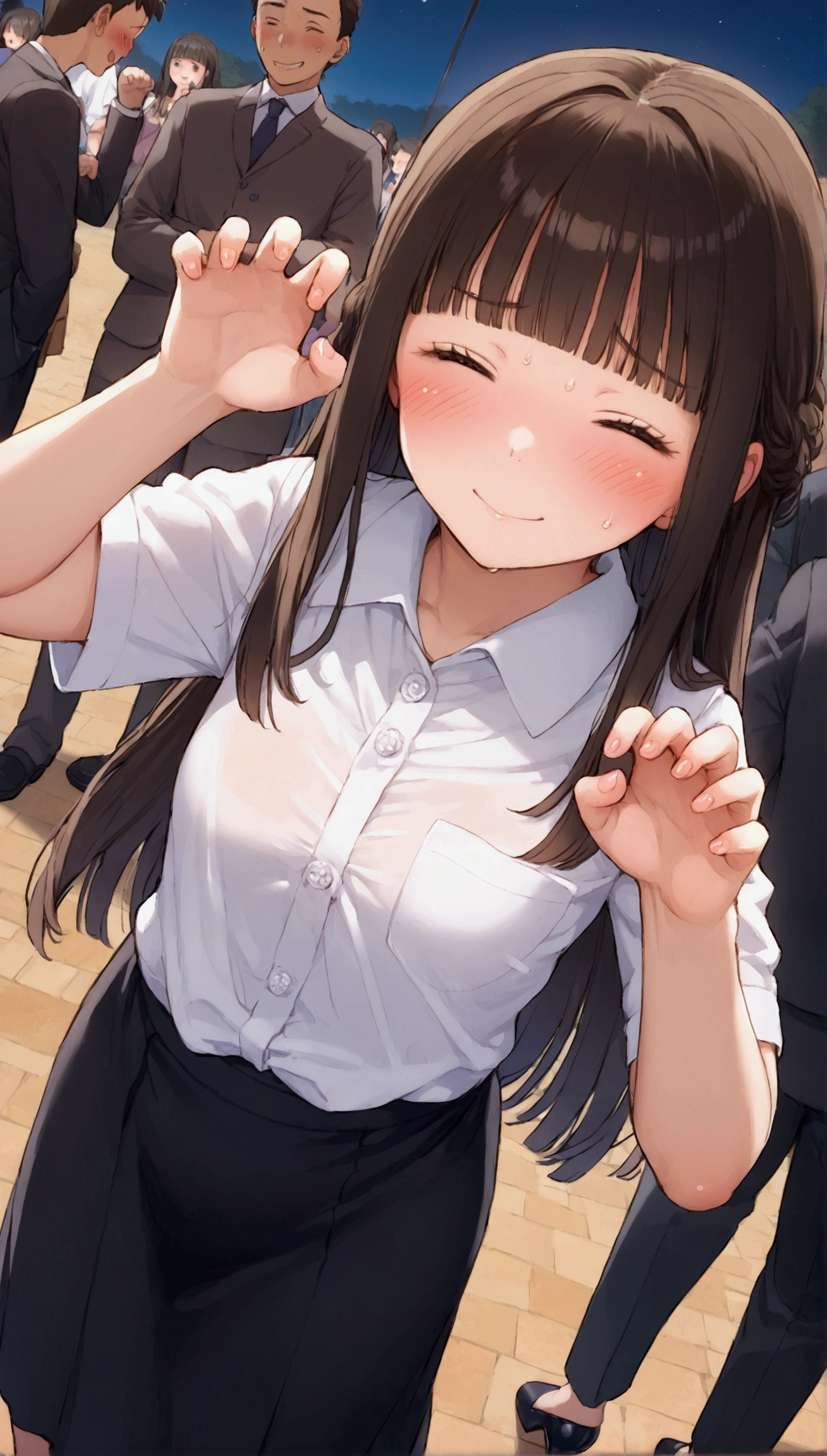 {Highest quality}, {so beautiful},{Ultra-fine},{Best illustrations},Brown Hair,Hime cut,Long Hair,Braiding,One Woman,Standing woman,Adult female,smile,Embarrassed,Embarrassed face,OL,suit,White Shirt,Short sleeve,Black straight long skirt,Night Festival,blush,thin,Black stiletto heels,From an angle,From behind,Woman with legs closed,Put your hands out in front of you,Cat Pose,Cat pose