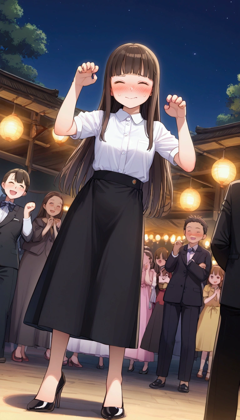 {Highest quality}, {so beautiful},{Ultra-fine},{Best illustrations},Brown Hair,Hime cut,Long Hair,Braiding,One Woman,Standing woman,Adult female,smile,Embarrassed,Embarrassed face,OL,suit,White Shirt,Short sleeve,Black straight long skirt,Night Festival,blush,thin,Black stiletto heels,From an angle,From behind,Woman with legs closed,Put your hands out in front of you,Cat Pose,Cat pose