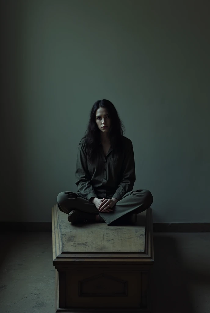 Woman sitting on a coffin