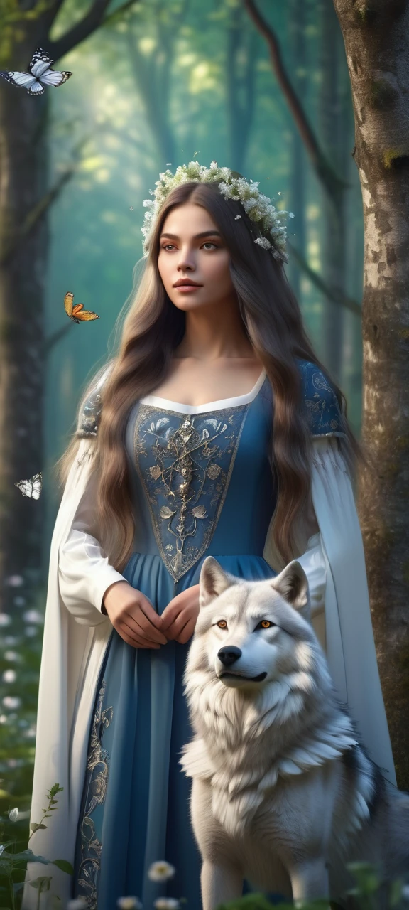 long hair girl, in a medieval dress, It is in a forest full of flowers, trees and butterflies. Next to her is a wolf with silky white fur.. 3D rendering. 3D rendering, 4K quality, UHD and HDR.