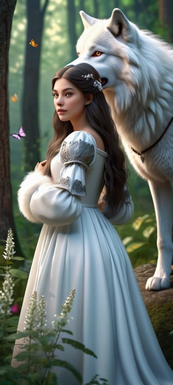 long hair girl, in a medieval dress, It is in a forest full of flowers, trees and butterflies. Next to her is a wolf with silky white fur.. 3D rendering. 3D rendering, 4K quality, UHD and HDR.