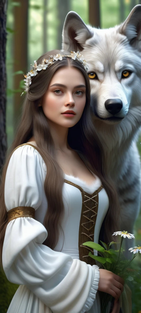long hair girl, in a medieval dress, It is in a forest full of flowers, trees and butterflies. Next to her is a wolf with silky white fur.. 3D rendering. 3D rendering, 4K quality, UHD and HDR.