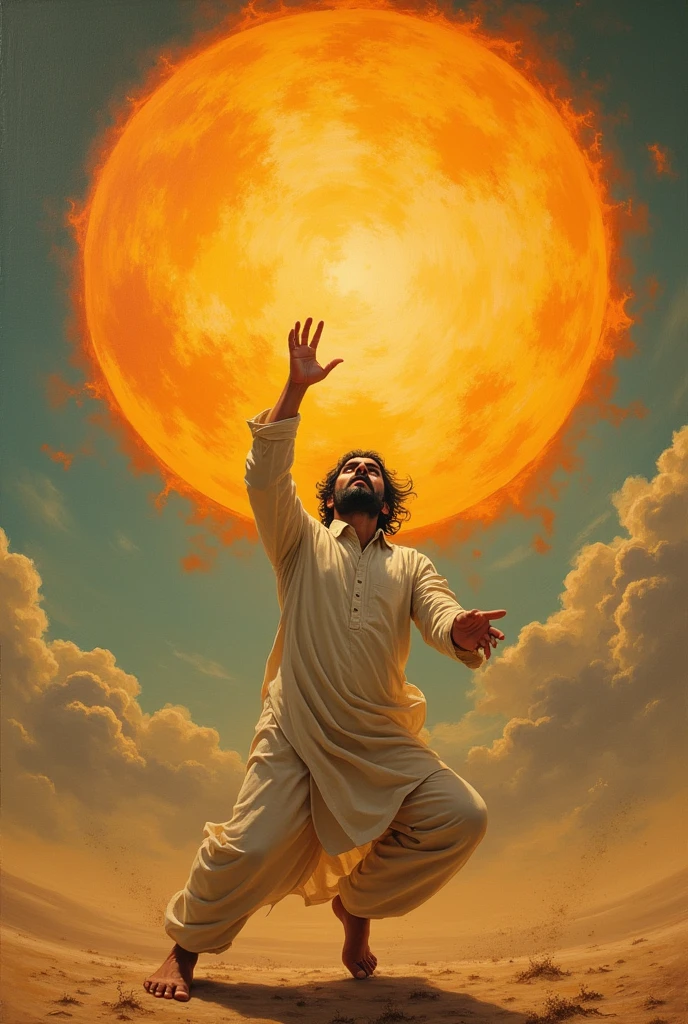 Make a painting on a men full figure with full of sweat wearing a simple Pakistani shalwar and banyan who is falling down and rise his hand towards the sun in the space around the while the sun looks soo bigg