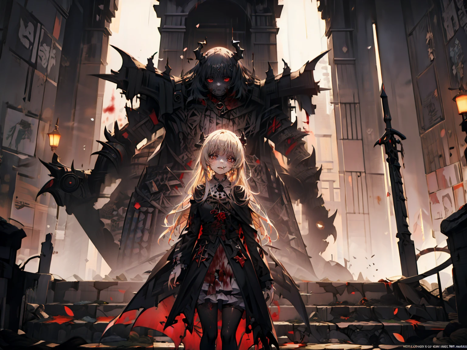 shaded face　、beautiful girl、とてもcute天使、Pink Gothic Fashion、cute、Baby Face、smile、Long skirt、Black long boots、.(Highest quality,4K,High resolution,masterpiece:1.2),Very detailed,Realistic:1.37,Spooky altar background,Dark fantasy,Red color scheme,Ominous atmosphere,Eye-catching,Storytelling,anatomy,Anime Style,Concept Art,beautiful細部までこだわった顔と (((Red eyes ))),A terrifying ritual ,Satanic Ritual,Premature death,inappropriate behavior,クレイジーなsmile,Scythe Face,Girl Monster, beautiful, Delicate facial features, Sharp Eye, Sharp Fangs, pale skin, Dark Background, Cinema Lighting, Dramatic Shadows, Gothic style, Gloomy atmosphere, Dark fantasy, one person&#39;s, Please open your mouth wide, Open your mouth and baring your teeth,Sharp teeth like a beast, Wide lips, very wide mouth, Vermilion cheeks, ,(Blood splatter:1.4),Scary smile, smile,Angel Design, Twisted smile、Bloody、bleeding from the head,,,,,、Blood splatter、,(Blood splatter:1.4),skull,Demon Spear,Horror Style, ((Fantasy Sweet Ta Frill Pink Costume)), ((Flowing blonde hair)), ,(Blood splatter:1.4),Female curves, Sexy flat stomach, Perfect hands, Perfect anime face, (Pink Tata Dress)), Are standing, ((邪悪なsmile)), ,(Blood splatter:1.4), Steam circulates, Moonlight Illumination, night lighting, (Blood splatter:1.6),アニメAngel Design, Twisted smile、Bloody、bleeding from the head,,,,,、Blood splatter、,(Blood splatter:1.4), skull,Gothic architecture、Western architecture、Fantasy World、,Victorian cities, Skeleton Gas Light,Absurd, High resolution、 ((Tabletop)), ((Highest quality)), (Very detailedな), ((Very detailed)), (beautiful), ((cute)), (NFSW:1.8), alone,(:1.6)、(world&#39;The most terrifying and creepy demon girl:1.5)beautiful face、Whole Body Ezbian、pale, beautiful肌、beautiful金の髪、優しくsmileむ、Dark building ruins、(snow white&#39;Frill dress:1.3)、(The dark ruins are stained with blood:1.3)、Low angle full body shot、(少女は血の海の中にAre standing:1.5)、(The ground is full of blood:1.3)、(The girl lost a lot of blood....:1.3)、(クレイジーなsmile:1.6)、Spirits、(Blood dripping from the mouth:1.3)、
