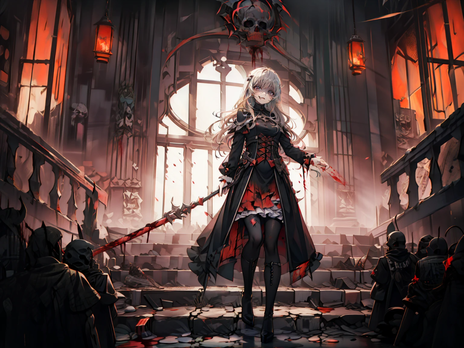 shaded face　、beautiful girl、とてもcute天使、Pink Gothic Fashion、cute、、smile、Long skirt、Black long boots、.(Highest quality,4K,High resolution,masterpiece:1.2),Very detailed,Realistic:1.37,Spooky altar background,Dark fantasy,Red color scheme,Ominous atmosphere,Eye-catching,Storytelling,anatomy,Anime Style,Concept Art,beautiful細部までこだわった顔と (((Red eyes ))),A terrifying ritual ,Satanic Ritual,Premature death,inappropriate behavior,クレイジーなsmile,Scythe Face,Girl Monster, beautiful, Delicate facial features, Sharp Eye, Sharp Fangs, pale skin, Dark Background, Cinema Lighting, Dramatic Shadows, Gothic style, Gloomy atmosphere, Dark fantasy, one person&#39;s, Please open your mouth wide, Open your mouth and baring your teeth,Sharp teeth like a beast, Wide lips, very wide mouth, Vermilion cheeks, ,(Blood splatter:1.4),Scary smile, smile,Angel Design, Twisted smile、Bloody、bleeding from the head,,,,,、Blood splatter、,(Blood splatter:1.4),skull,Demon Spear,Horror Style, ((Fantasy Sweet Ta Frill Pink Costume)), ((Flowing blonde hair)), ,(Blood splatter:1.4),Female curves, Sexy flat stomach, Perfect hands, Perfect anime face, (Pink Tata Dress)), Are standing, ((邪悪なsmile)), ,(Blood splatter:1.4), Steam circulates, Moonlight Illumination, night lighting, (Blood splatter:1.6),アニメAngel Design, Twisted smile、Bloody、bleeding from the head,,,,,、Blood splatter、,(Blood splatter:1.4), skull,Gothic architecture、Western architecture、Fantasy World、,Victorian cities, Skeleton Gas Light,Absurd, High resolution、 ((Tabletop)), ((Highest quality)), (Very detailedな), ((Very detailed)), (beautiful), ((cute)), (NFSW:1.8), alone,(:1.6)、(world&#39;The most terrifying and creepy demon girl:1.5)beautiful face、Whole Body Ezbian、pale, beautiful肌、beautiful金の髪、優しくsmileむ、Dark building ruins、(snow white&#39;Frill dress:1.3)、(The dark ruins are stained with blood:1.3)、Low angle full body shot、(少女は血の海の中にAre standing:1.5)、(The ground is full of blood:1.3)、(The girl lost a lot of blood....:1.3)、(クレイジーなsmile:1.6)、Spirits、(Blood dripping from the mouth:1.3)、
