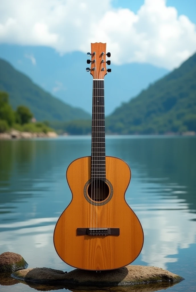 Only Mantra prakriti guitar with background of fewa lake portrait image for wallpaper