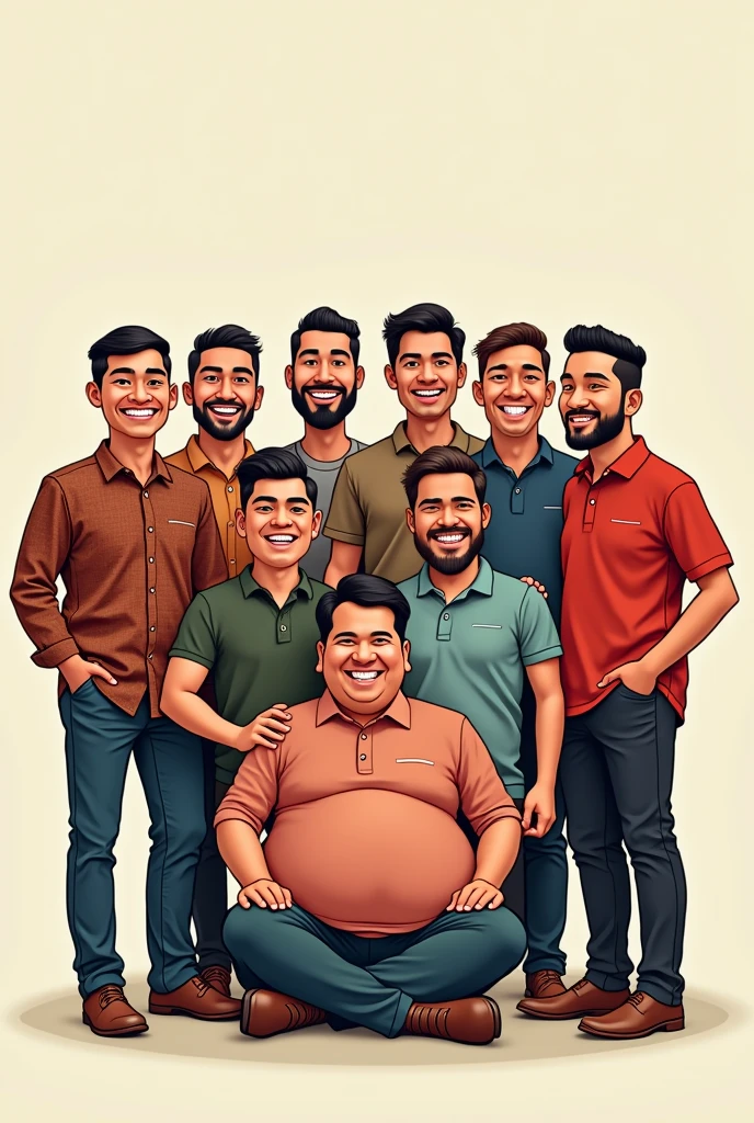 Create a caricature-style illustration featuring 11 Indonesian men posing together for a group photo. One of the men should be depicted with a larger, more robust body, adding a humorous and friendly touch to the scene. Each character should have distinct Indonesian facial features, traditional or casual clothing, and cheerful expressions. The overall tone should be light-hearted, celebrating diversity and friendship among the group."






