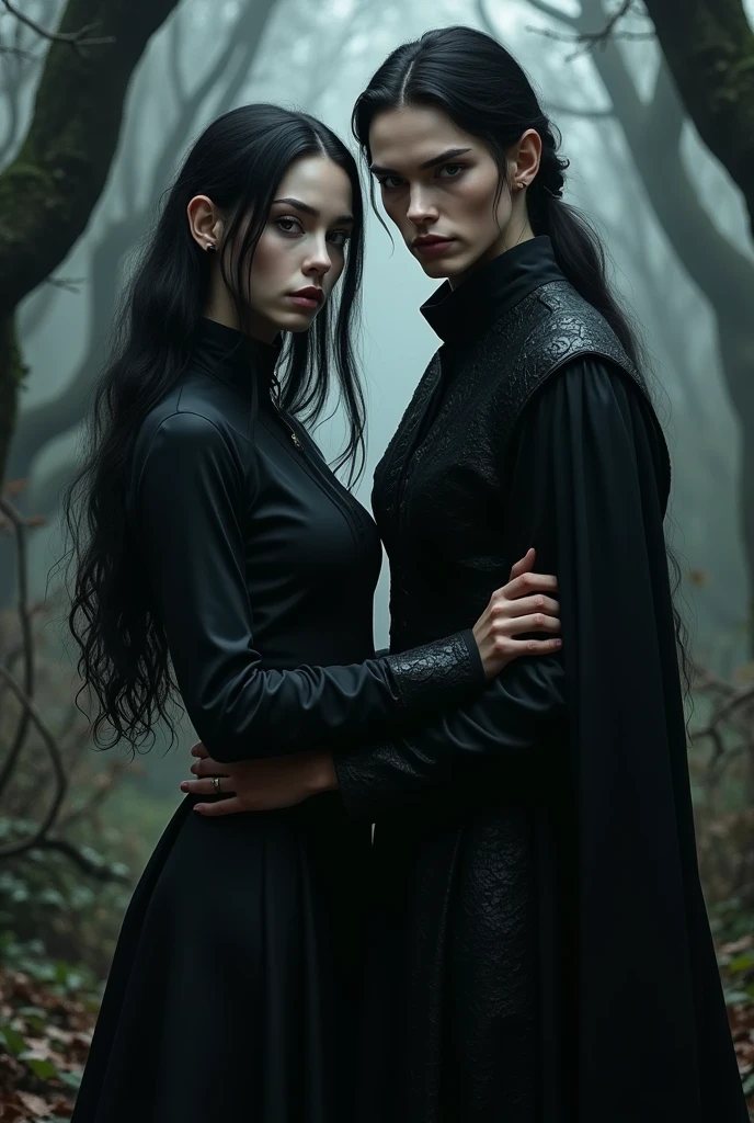 make two twin brothers, a girl and a boy, they are .
black hair she has long hair and he has short hair, black eyes pale white skin, she wears a black dress, and he wears black period men's clothing, they need to be intimidating
They are two wizards from the Middle Ages, they are in a medieval forest