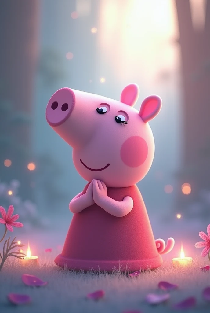 Peppa pig has her eyes closed, in a prayer position,