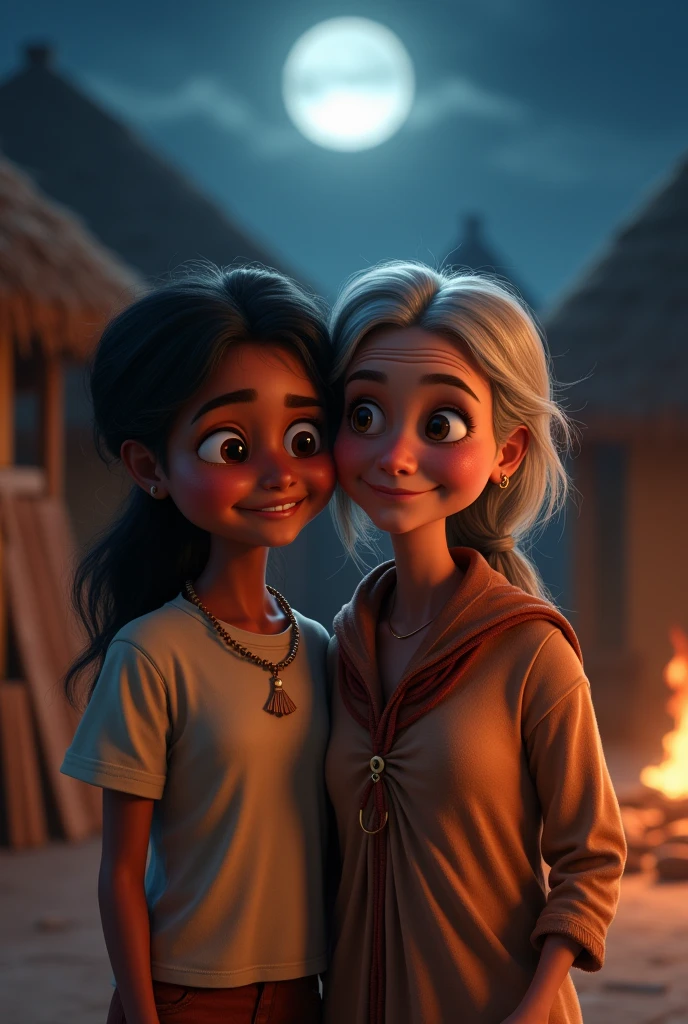 A young girl also near a fire with an old lady in an African village in the moonlight all smiling