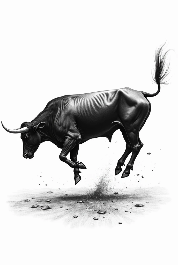 Black and white drawing of a lone rodeo bull jumping