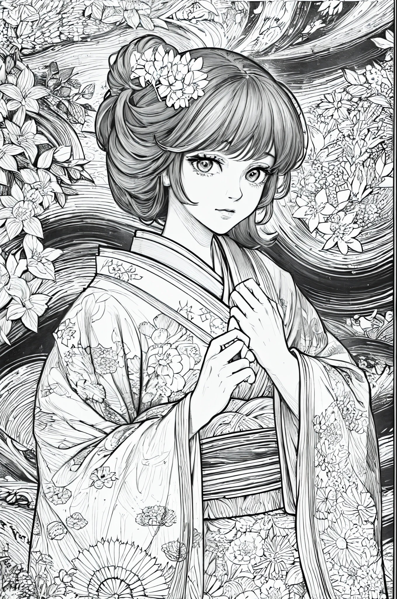 (Black and White Coloring Book: 1.5), Line art, Masterpiece, Top quality, Super detailed, High resolution, Highly detailed face, (Beautiful eyes), Hair is white, Upper body shot, Looking at camera, Woman wearing traditional Japanese simple patterned furisode, (Simple beautiful garden in background: 1.3), Highly detailed crisp black line art, ((Simple white)), Fibonacci