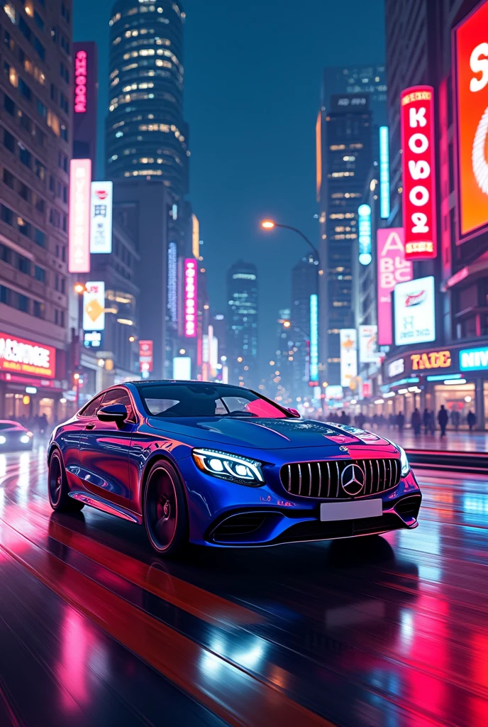 Mercedes  Benz sclass E550 Bluea nd red neonlights neoncity in yacht