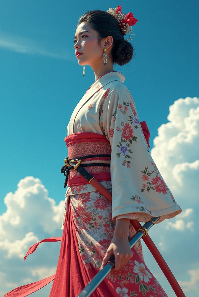 Female Ninja、Beautiful and gorgeous kimono、blue sky、Wide sky、The background is a gorgeous traditional Japanese gold folding screen