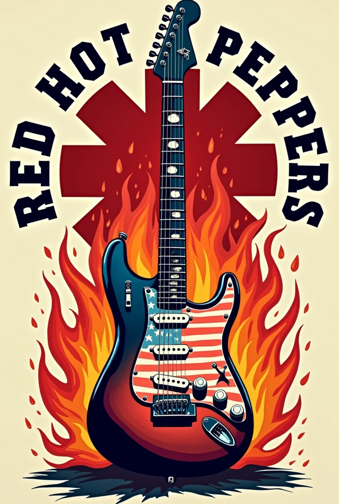 "Create a logo for the music band 'Red Hot Chili Peppers' that features a guitar as the central element. The guitar should have an American flag theme, incorporating stars and stripes into its design. Include the band name 'Red Hot Chili Peppers' in bold, dynamic typography that complements the rock-and-roll aesthetic. Add creative elements, such as a stylized flame or chili pepper motif wrapping around the guitar, to highlight the band's fiery and energetic personality. Use a color scheme of red, blue, and white to enhance the American theme. The overall design should be visually striking, combining musical and patriotic imagery in a unique and recognizable way."