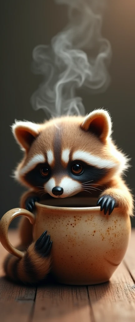 A mesmerizing conceptual art photograph showcases a 3D rendered ceramic coffee mug, masterfully sculpted into an astonishingly lifelike and adorable baby raccoon curled up in a fluffy embrace. The exceptional realism and vivid fur texture of the mug captivate the viewer, drawing them in. The steamy coffee inside adds a warm and comforting touch, enhancing the overall atmosphere. The intricate design and meticulous attention to detail make this unique piece an essential addition for nature enthusiasts and collectors, creating a cozy and inviting ambiance in any setting., product, conceptual art, photo, 3d render