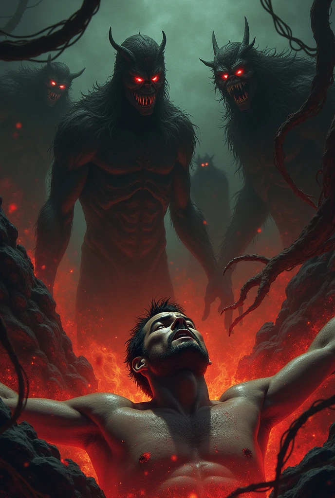 Man waking up desperate in hell with monsters around him