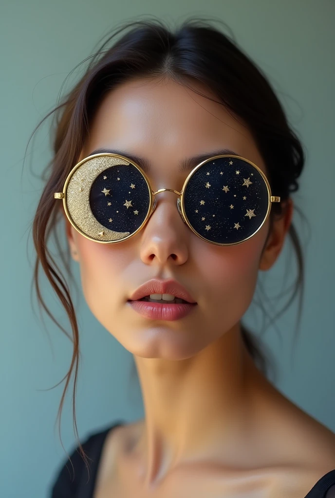 The model is wearing glass sunglasses with stars and the moon on the glass
