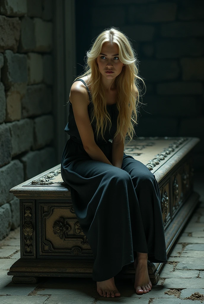 Blonde woman sitting on a coffin