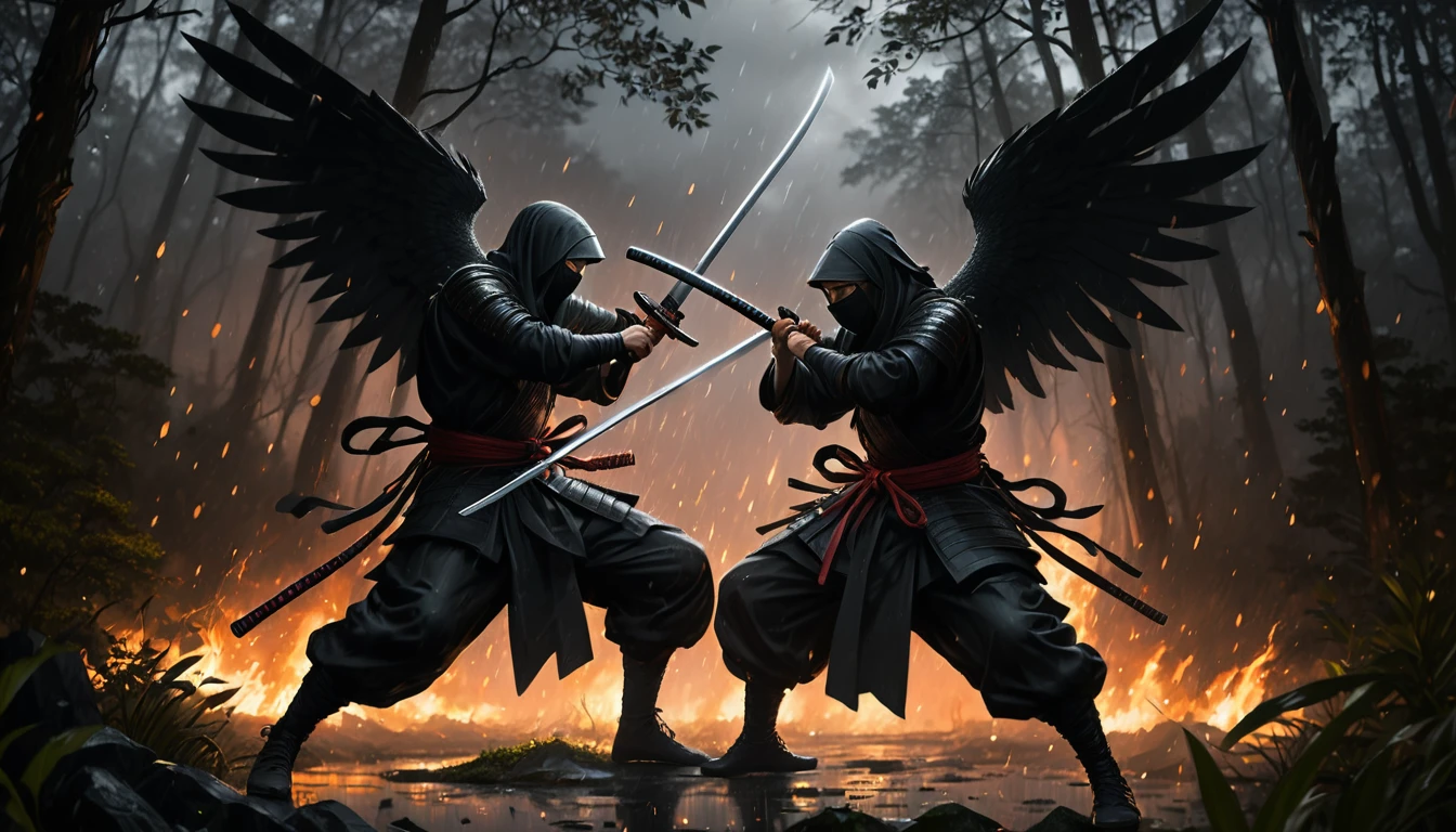 (photorealism:1.2), ninja, standing in a fighting pose, weilding shield and katana, fighting flaming       angel, wearing black ninja atire, grey lighting, bambo  forest in background, dark stormy rainy night,   fight, realistic, intricate details, warm colors, by Greg Rutkowski, by Alphonse Mucha