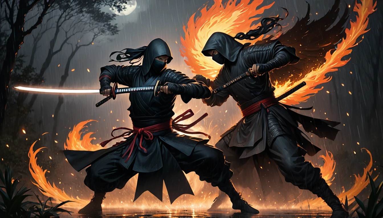 (photorealism:1.2), ninja, standing in a fighting pose, weilding shield and katana, fighting flaming       angel, wearing black ninja atire, grey lighting, bambo  forest in background, dark stormy rainy night,   fight, realistic, intricate details, warm colors, by Greg Rutkowski, by Alphonse Mucha