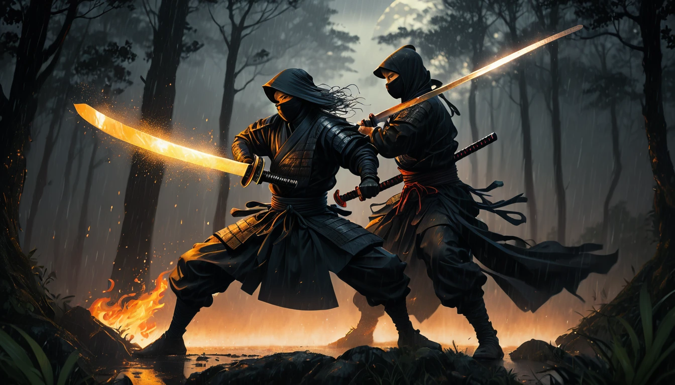 (photorealism:1.2), ninja, standing in a fighting pose, weilding shield and katana, fighting flaming angel, wearing black ninja atire, grey lighting, bambo forest in background, dark stormy rainy night, fight, realistic, intricate details, warm colors, by Greg Rutkowski, by Alphonse Mucha