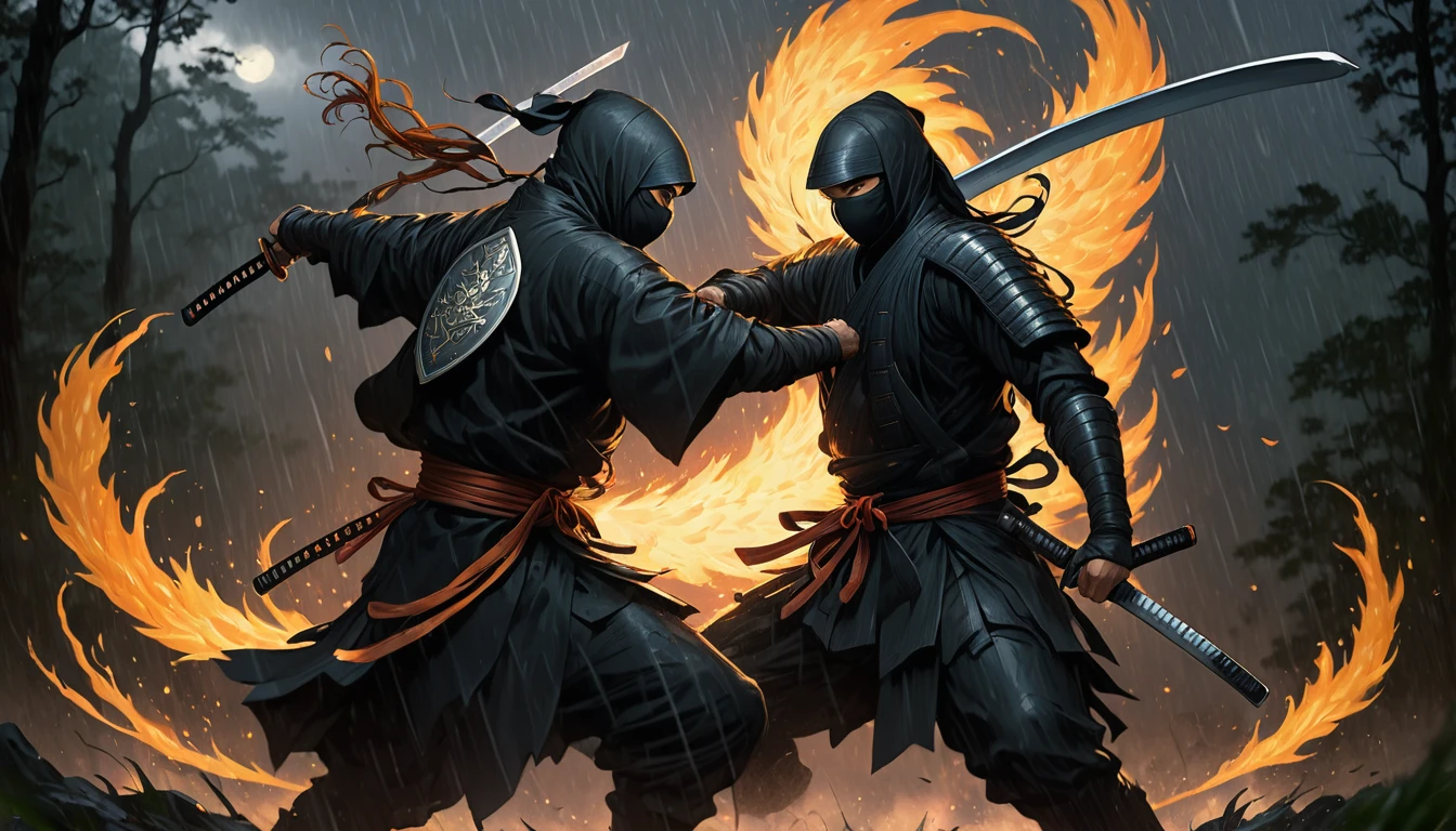 (photorealism:1.2), ninja, standing in a fighting pose, weilding shield and katana, fighting flaming angel, wearing black ninja atire, grey lighting, bambo forest in background, dark stormy rainy night, fight, realistic, intricate details, warm colors, by Greg Rutkowski, by Alphonse Mucha
