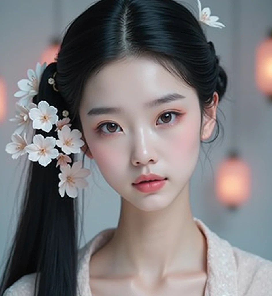 1 Fashion Model [[[[close up]]]], [[[[neck]]]], [[[[Shoulder]]]], (((Complete head)))，(((Complete hairstyle)))，Perfect eyes, Perfect Iris，Perfect lips，Perfect Teeth，Perfect skin，White skin，Soft headlights，High-density imaging，Black long hair，（Clean and delicate face），((White Hanfu))，((Half-length photo))，((night))，((Chinese Lanterns))，((Various dynamic poses))，((The background is the bedroom))，best quality，masterpiece，（Soft colors：1.2）