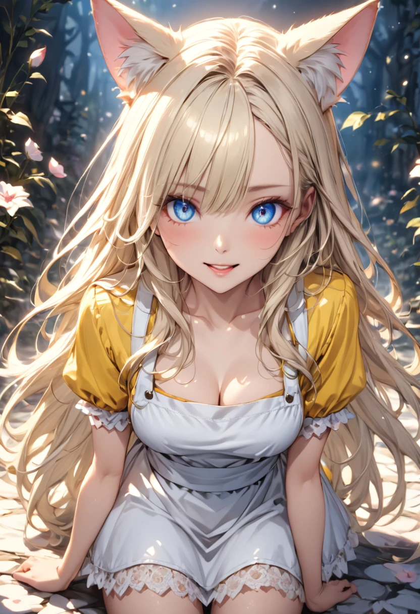 bright expression、photorealisim、top-quality、超A high resolution、a picture、A picture of exquisite beauty, born in Scandinavia、Extraordinary beautiful girl、Detailed cute and beautiful face、(pureerosface_v1:0.008)、Beautiful bangs、alice in the wonderland、18year old、Glowing white shiny skin、Flow of hair that extends to the face、Bangs between the eyes、Super long hair、Attractive light and dark platinum blonde super long straight silky hainer hair、Attractive glowing beautiful bright clear light blue big eyes、White Apron、Yellow dress、eye liner、Double eyelids、Lush bust、Cat's ears、great laughter、a short skirt、White lace underskirt、Pink panty、nsfw、Standing、Full body angle
