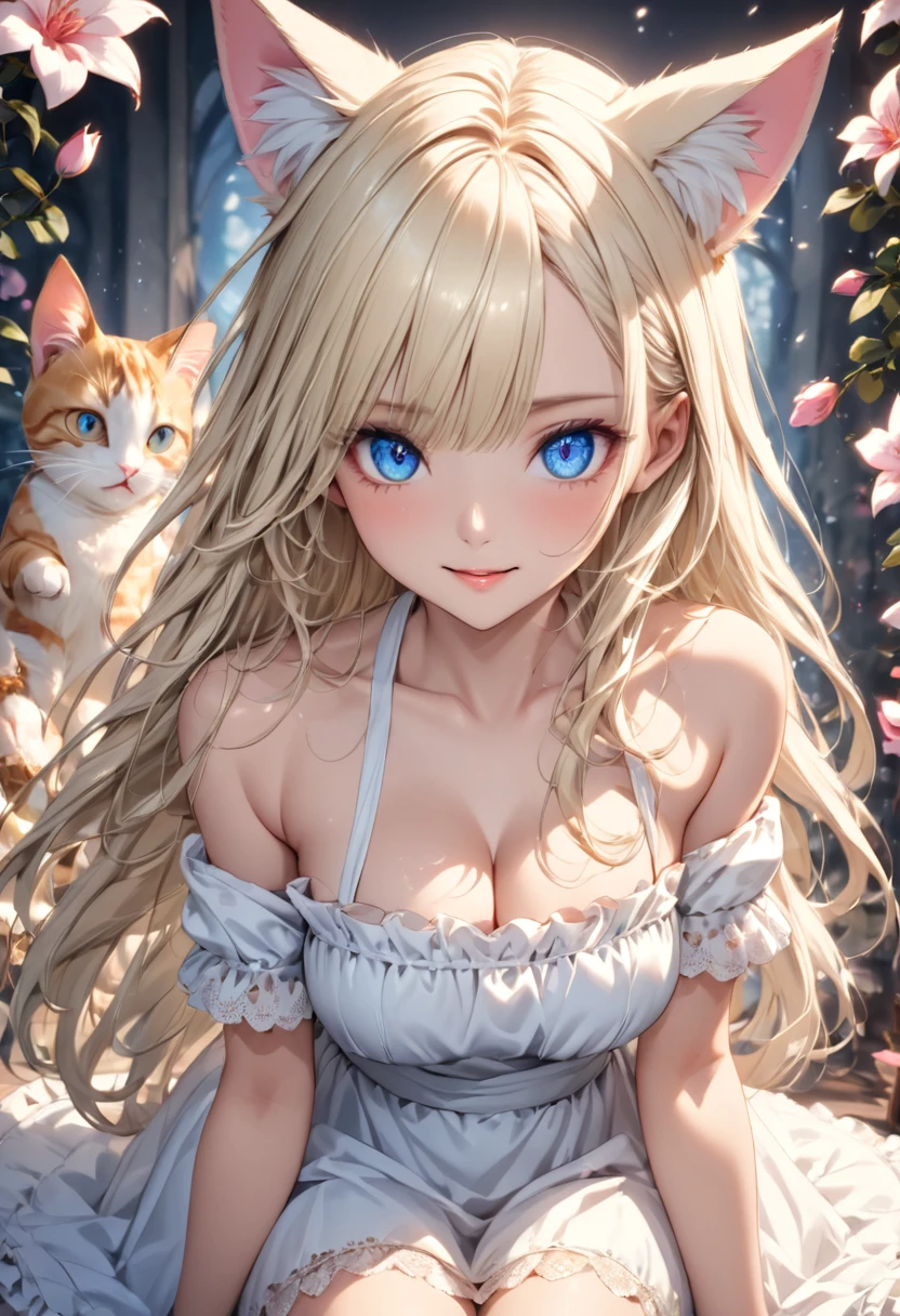 bright expression、photorealisim、top-quality、超A high resolution、a picture、A picture of exquisite beauty, born in Scandinavia、Extraordinary beautiful girl、Detailed cute and beautiful face、(pureerosface_v1:0.008)、Beautiful bangs、alice in the wonderland、18year old、Glowing white shiny skin、Flow of hair that extends to the face、Bangs between the eyes、Super long hair、Attractive light and dark platinum blonde super long straight silky hainer hair、Attractive glowing beautiful bright clear light blue big eyes、White Apron、Yellow dress、eye liner、Double eyelids、Lush bust、Cat's ears、great laughter、a short skirt、White lace underskirt、Pink panty、nsfw、Standing、Full body angle