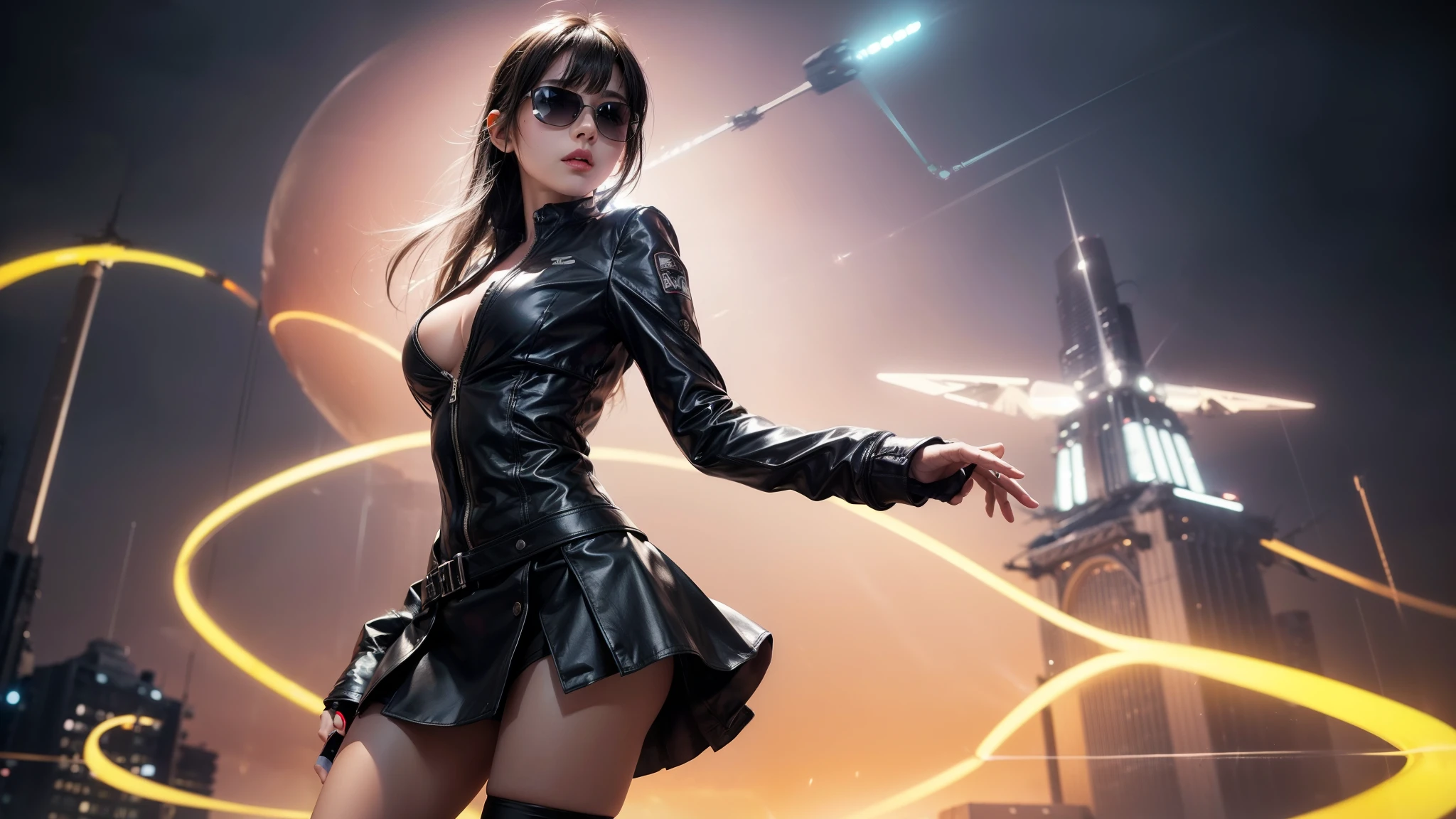 (Wide angle view). Blade Runner style futuristic city, simple outlined transparent neon tall buildings, glowing giant clock tower, flying cars, helicopter, lightning, 3D rendering Beeple. At night, (1girl, solo, alone), photorealistic, medium-breast slim:0.6 body, oval:0.6 face, cleavage:1.1, sexy black laced bra, glove, deep-V, (very low angle view of miniskirt), white laced panty, coat, (Matrix style black micro sunglasses), ((aiming viewer with a short gun)), (running pose), (half-body thigh level close-up shot), cinematic lighting, ray tracing.