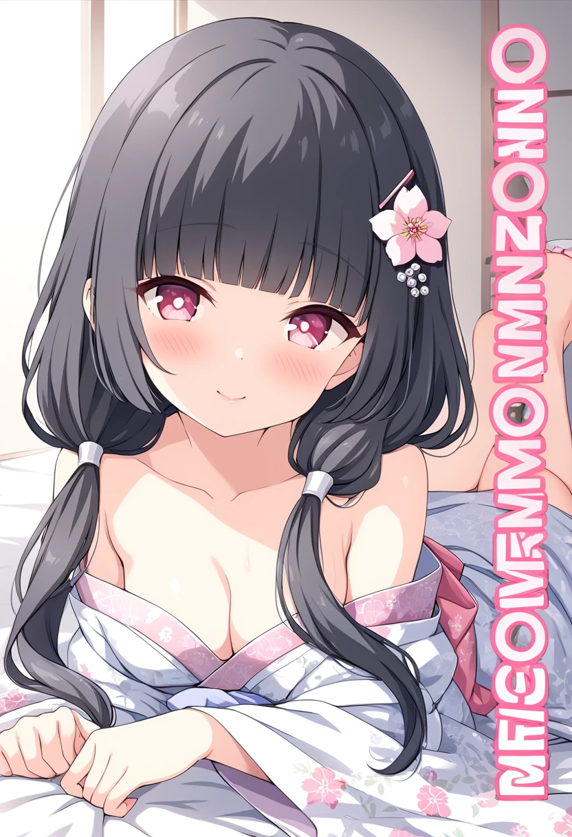 nsfw,nsfw,((womanを一人だけ描く))、(Alone Girl)、(１woman)、MORIZONOMEI, BLACK HAIR, HAIR FLOWER, HAIRCLIP, BLUNT BANGS, LOW TWINTAILS, HAIR OVER SHOULDER, LONG HAIR, PINK EYES,high resolution、anime、Alone and pure,White, fine-grained skin,Small Mouth, 美しい日本のwoman, , White, fine-grained skin,Small Mouth, 美しい日本のwoman, , Floral print, Wedding Hair Ornaments, Wedding Kimono, In the same way, bangs, (masterpiece, Highest quality, HD Images, 4K:1.4), Gentle expression, A kind smile, Kind eyes, Mature, Pink Cheeks, Very fine grain, Very fine pupils, Very fine hair, Long-sleeved kimono, Floral Head Accessories, from the front, Detailed face, whole body, Respect your audience, Close up on forehead, Lean towards the viewer, Detailed long black hair, (Lying in bed, Off the shoulder, Cheeks turn red, kiss the audience, Pink lips:1.4)、Nipples are visible