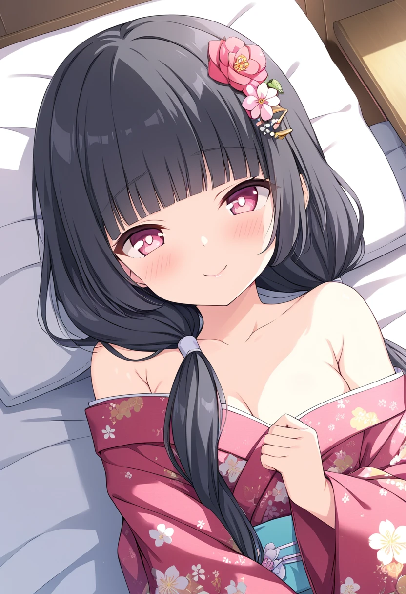 nsfw,nsfw,((womanを一人だけ描く))、(Alone Girl)、(１woman)、MORIZONOMEI, BLACK HAIR, HAIR FLOWER, HAIRCLIP, BLUNT BANGS, LOW TWINTAILS, HAIR OVER SHOULDER, LONG HAIR, PINK EYES,high resolution、anime、Alone and pure,White, fine-grained skin,Small Mouth, 美しい日本のwoman, 16 years old, White, fine-grained skin,Small Mouth, 美しい日本のwoman, , Floral print, Wedding Hair Ornaments, Wedding Kimono, In the same way, bangs, (masterpiece, Highest quality, HD Images, 4K:1.4), Gentle expression, A kind smile, Kind eyes, Mature, Pink Cheeks, Very fine grain, Very fine pupils, Very fine hair, Long-sleeved kimono, Floral Head Accessories, from the front, Detailed face, whole body, Respect your audience, Close up on forehead, Lean towards the viewer, Detailed long black hair, (Lying in bed, Off the shoulder, Cheeks turn red, kiss the audience, Pink lips:1.4)、Nipples are visible