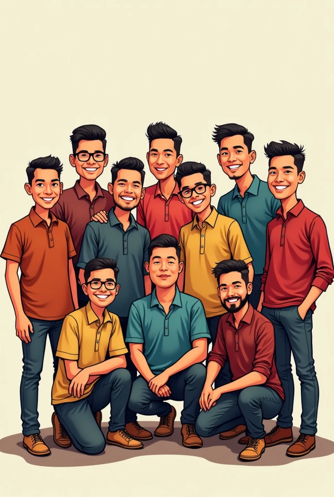 Create a caricature-style illustration featuring 11 Indonesian men posing together for a group photo. One of the men should be depicted with a larger, more robust body, adding a humorous and friendly touch to the scene. Each character should have distinct Indonesian facial features, traditional or casual clothing, and cheerful expressions. The overall tone should be light-hearted, celebrating diversity and friendship among the group."






